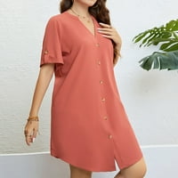 Hhei_k мода за жени лято лято V-образно вещество солиден цвят копче за талия рокля за завършване на рокля