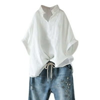 LiSeTool с дълги ръкави ризи за жени от женски твърд цвят свободен изправен яка с късо ръкави риза блуза ризи дамски върхове бели
