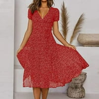Летни женски рокли Фодни къси ръкави елегантен принт V-образно деколте ежедневни миди рокли ， 3xl ， вино червено