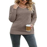 Beiwei дамски върхове с качулка V-те тениска с дълъг ръкав с тежест пуловер женски туника блуза солиден цвят ежедневен тройник khaki 2xl