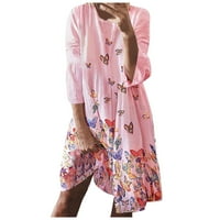 Cuoff летни рокли за жени ежедневни удобни кръгли шия пеперуда от пеперуда с дълъг ръкав розово m