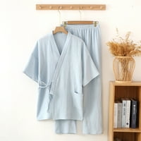 Цунфео Дамска пижама комплект комфортни долнища с къс ръкав върхове и панталони хлабав годни шезлонги спално облекло Комплекти-Светло синьо 2ХЛ