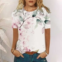 Върхове за жени лято, флорален модел блуза кръгла шия с къс ръкав удобни облечени тениски, женски графични тениски ризи плюс размер
