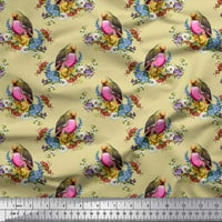 Soimoi Orange Rayon Leaves Leves, Floral & American Robin Decor Decor Fabric Printed Bty Wide