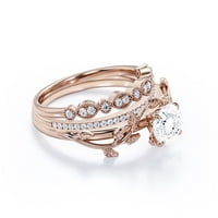 Vine Leaf Ring, Boho & Hippie 2. Карат кръг отрязани диамантен мосанит годежен пръстен, сватбен пръстен в сребро със стерлинги с 18K розово злато, подарък, обещаващ пръстен, трио комплект, съвпадаща лента