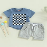 Васери Бебе Момче летни дрехи костюми шахматна дъска писмо печат къс ръкав екипажа врата тениски и ластик шорти комплект