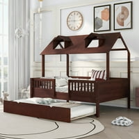 Къща легло в пълен размер дървени легла рамка за Тодърс деца-Къща кушетка пълна платформа легло-с двоен размер Трундъл-Еспресо