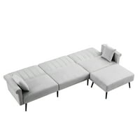Кадифено секционно легло на диван, конвертируем диван с форма на L-образна спяща дивана с реверсивен шезлонг с османска пейка за хол, сиво
