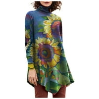 Пролетни блузи дамски ежедневни Мода кръг висока врата слънчоглед печат дълъг ръкав пуловер върхове синьо ХХСКСЛ