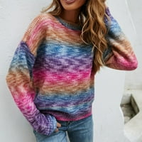 Aoksee пуловери за жени за жени с дълъг ръкав кръгла врата цветна ивица пуловер ежедневен моден пуловер