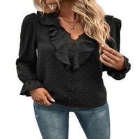 Небрежна блуза V шия с дълъг ръкав черни женски блузи