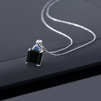 Gem Stone King 6. CT Emerald Cut Black Ony Blue Създаден сапфир 10k бяло злато висулка