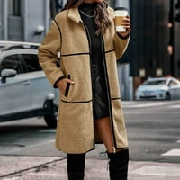 Есен зимни палта за жени Jerdar жени с дълги ръкави за шевове плюшен цип дълъг палто, ежедневно плюшено намаляване на якото на яко на открито с преносими дрехи Beige s