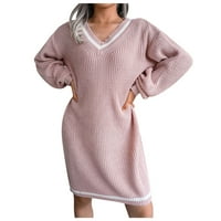 KPOPLK Женски бутон за пуловер с V-образно деколте плетене на ежедневни пуловер с дълъг ръкав блузи розово, l
