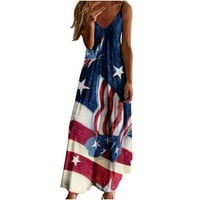 Американски флаг Макси рокли, жени лятна рокля на танк Бохо плажна рокля дълга рокля за 4-ти юли мемориално парти