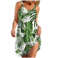Женски ежедневни летни растения отпечатани рокли без ръкави без ръкави, удобни екипажи на шия разтопяване на плажа плаж празнични мини рокля зелена xxl
