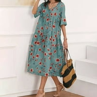 Женски рокли Дължина на глезена с късо ръкав небрежен A-Line Floral V-Neck Summer Dress Blue L