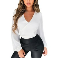 Жени модни секси солидни издълбани върхове дълъг ръкав без гръб възел уютен монтиран плюс размер есенни блузи ризи риза