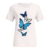 Дамски блузи модни женски небрежни разхлабени бяла тениска пеперуда с пеперуда с къс ръкав отгоре небе синьо xxxl