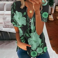 Ернкв лято насипно удобни върхове за жени клирънс Флорални печатни върхове къс ръкав модерни тениски цип врата ризи елегантни ежедневни Реколта модни дрехи зелен ххл