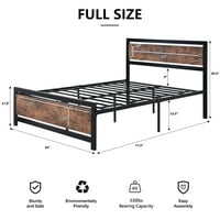 Рамка за легло в пълен размер с табла за дърво, метална платформа с промишлена дъска, фондация за матраци с тежък стоманен стоманен, задържане, лесен монтаж
