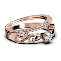 Арт Нувеа Усукан 1. Годежен пръстен с диамантен моасанит в каратов кръг, пръстен с античен дизайн от чисто сребро с покритие от 18К розово злато, комплект Трио, подход