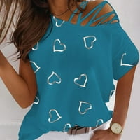 Тениски за жени лято разстояние рамото сърцето форма Печатни тениска къс ръкав върхове блузи Подаръци за жени сделки клирънс