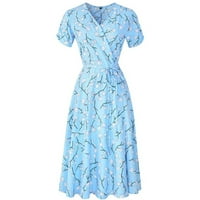 Баок рокли за жени печат рокля жени v-образни флорални къси ръкави плаж ежедневни женски рокля женски ежедневни рокли небесно синьо