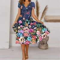 Дамски летни ежедневни модни флорални щампи с къс ръкав в-врата Суинг рокля тъмно синьо М