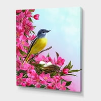 Малка жълта птица близо до гнездото с розови цветя живопис платно Арт печат