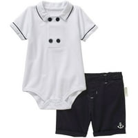 Новородено бебе момче морска колекция памук Пике Боди и платно шорти комплект