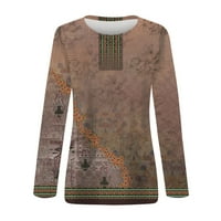 Huachen дамски есенни върхове бохо флорален принт с дълъг ръкав блузи кръгли врата пуловер отгоре блуза