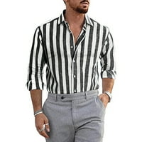 мъжки ежедневни стилни ризи с къс ръкав копче нагоре раирани ризи памучно бельо блуза риза Черно М