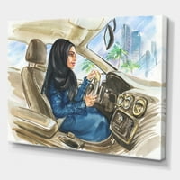 Арабски Дама Шофиране Кола Аз Живопис Платно Изкуство Печат