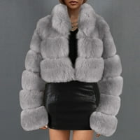 Зимни палта за жени Sawvnm Дами дами топло яке Fau Furry Coat Зимно твърдо вещта на V-образно деколте върху хлабина сиво s