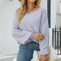 Zanvin дамски есенни модни пуловери, жени ежедневни твърди плетене на разхлабени дълги ръкави кръгли пуловери за шия блуза лилаво m
