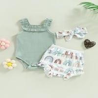 Frobukio новородени бебешки момичета къси панталони комплекти без ръкави ромпер цветна дъга пеперуда пеперуди шорти за глава Зелена дъга 3- месеца
