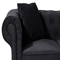 Класически диван на Честърфийлд в кадифено превъртане на диван с бутон, черно, черен