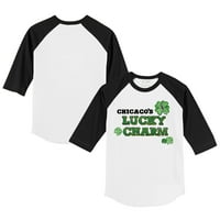 Младежки мъничко бяло черно Чикаго бяло So Lucky Charm 3 4-ръкав тениска Raglan