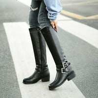 Женски основи Juebong Knight Boots Дамски удобни ниски листови плътни цветове дълги ботуши с колан с високи ботуши с високи ботуши