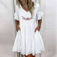 Sundresses for Women Plain Comfy Loose Lavual Print с късо ръкав V-образно джобна рокля Лято спестяване на клирънс