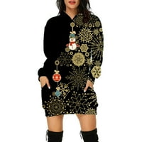 Дамски есенни рокли с джобове Есенна Коледа отпечатана небрежна рокля черна xxl