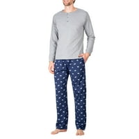 Мъжки пижама комплект пижама За Мъже пижама комплект с памучен плетен Мъжки пижама панталони и дълъг ръкав Хенли тениска сив с Лос ХХХ-голям