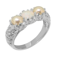 Британски направени стерлинги сребро естествен опал и култивирани перлени женски пръстен за годежен пръстен - Опции за размер - размер 8.5
