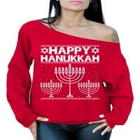 Неудобни стилове щастлива ханука от рамото суитчър пуловер еврейска менора грозен коледен пуловер за жени Коледа от рамо отгоре слаб огромен суичър Честит ханука коледен пуловер