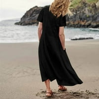 Клирънс Летни рокли за жени Кръгли деколте Мода Глезена дължина Отпечатани А-линия къс ръкав рокля Черно М