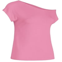 Луксозна дамска тениска наклонено деколте летни върхове Плътен цвят тениска удобна туника блуза празнична тениска светло розово 5ХЛ