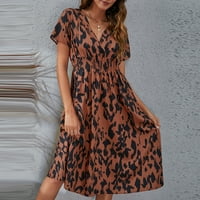 Женски рокли отпечатани V-образно деколте A-Line Средна дължина на летни рокля с къс ръкав кафяв xl