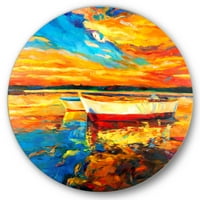 Дизайнарт 'червени и бели лодки до кея на оживен Залез' Морски и крайбрежен кръг метална стена арт-диск на 36